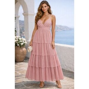 NEW Lulus Tiered Maxi Dress Womens XL Pink Love Stays True Swiss Dot Romantic
